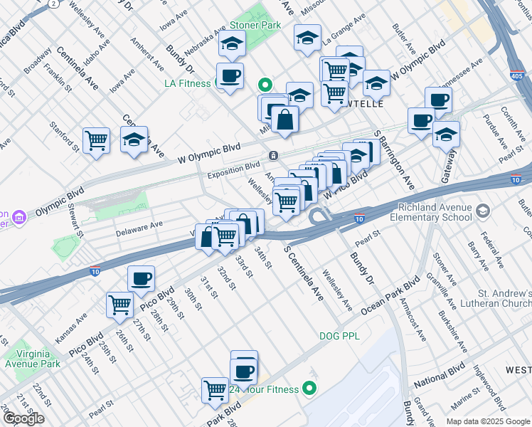 map of restaurants, bars, coffee shops, grocery stores, and more near 2304 South Carmelina Avenue in Los Angeles