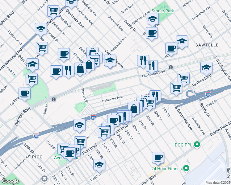 map of restaurants, bars, coffee shops, grocery stores, and more near 2909 Exposition Boulevard in Santa Monica