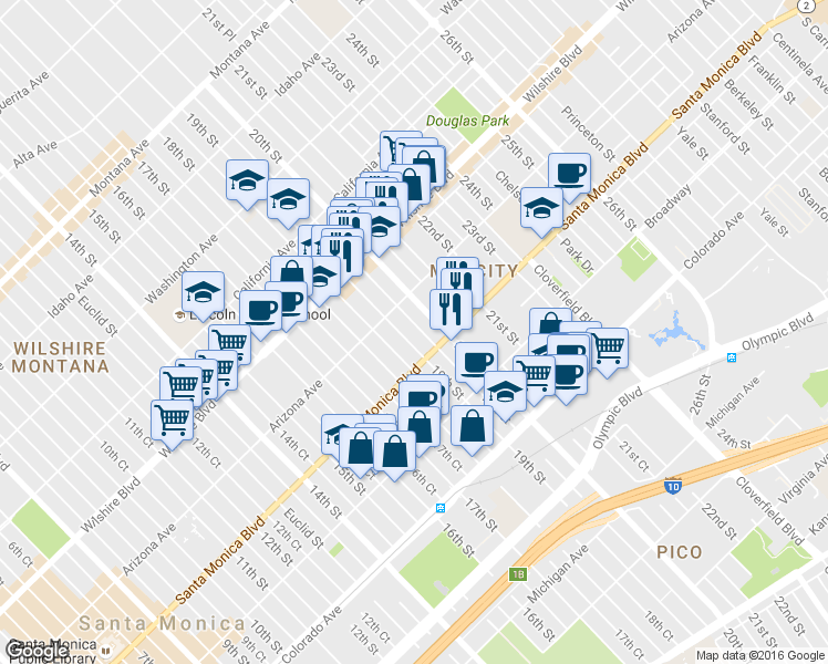 map of restaurants, bars, coffee shops, grocery stores, and more near 1311 19th Street in Santa Monica