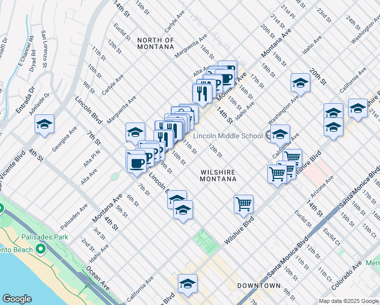 map of restaurants, bars, coffee shops, grocery stores, and more near 842 11th Street in Santa Monica