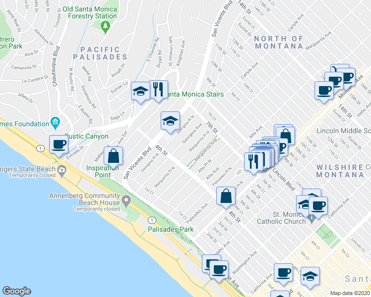 map of restaurants, bars, coffee shops, grocery stores, and more near 506 Marguerita Place North in Santa Monica