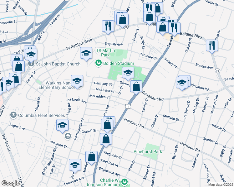 map of restaurants, bars, coffee shops, grocery stores, and more near 1731 McAlister Street in Columbia