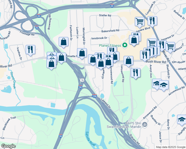 map of restaurants, bars, coffee shops, grocery stores, and more near 125 Latonea Drive in Columbia