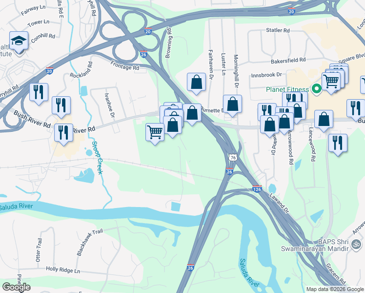 map of restaurants, bars, coffee shops, grocery stores, and more near 1324 Bush River Road in Columbia