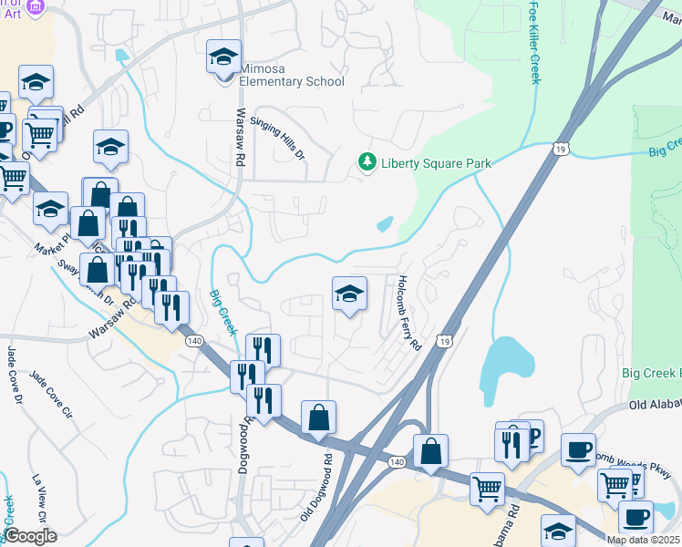 map of restaurants, bars, coffee shops, grocery stores, and more near 450 High Creek Trce in Roswell
