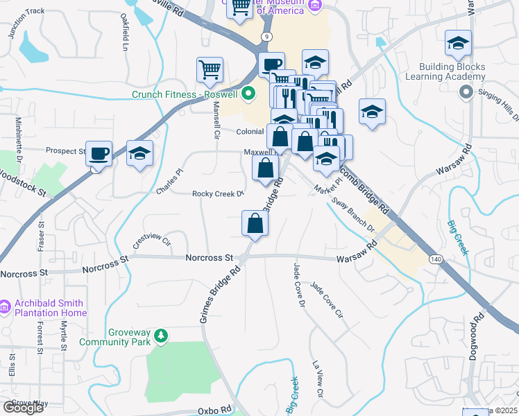 map of restaurants, bars, coffee shops, grocery stores, and more near 1120 Grimes Bridge Road in Roswell