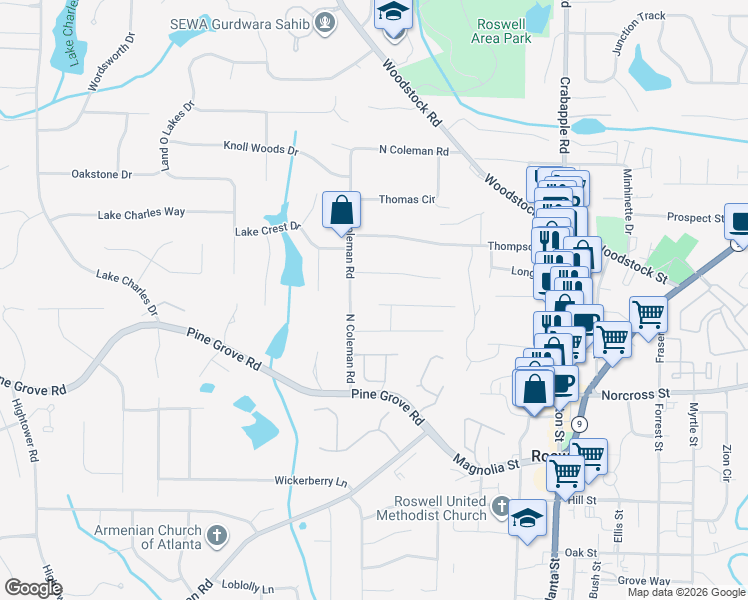 map of restaurants, bars, coffee shops, grocery stores, and more near 250 Moonshadow Court in Roswell
