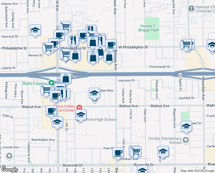 map of restaurants, bars, coffee shops, grocery stores, and more near 5641 Buckthorn Court in Chino