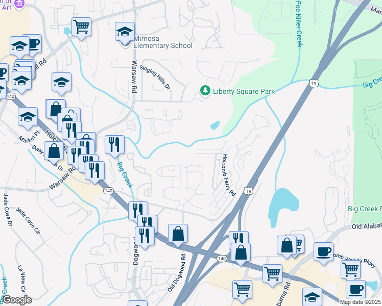 map of restaurants, bars, coffee shops, grocery stores, and more near 450 High Creek Trce in Roswell