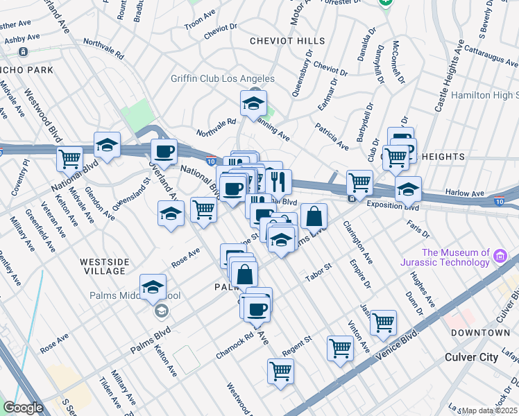 map of restaurants, bars, coffee shops, grocery stores, and more near 3328 Motor Avenue in Los Angeles