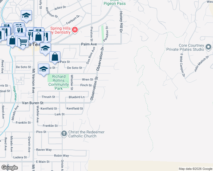 map of restaurants, bars, coffee shops, grocery stores, and more near 23010 Finch Street in Grand Terrace