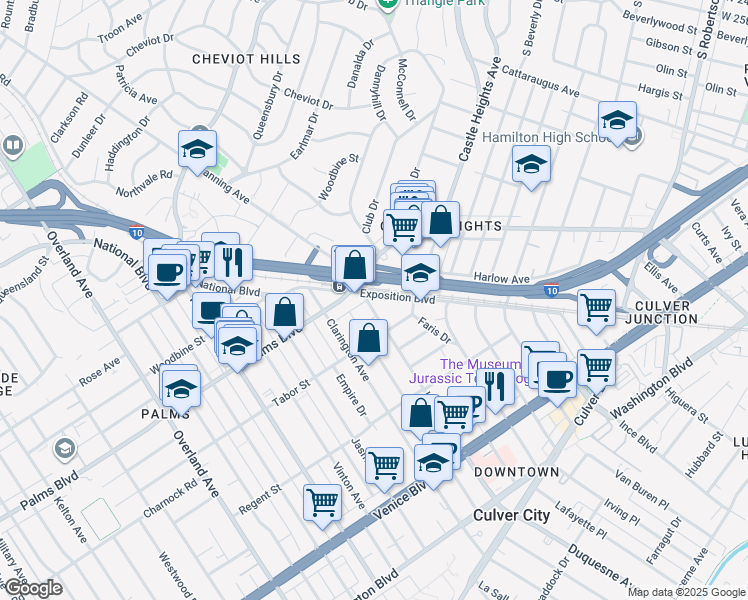map of restaurants, bars, coffee shops, grocery stores, and more near 9850 Exposition Boulevard in Los Angeles