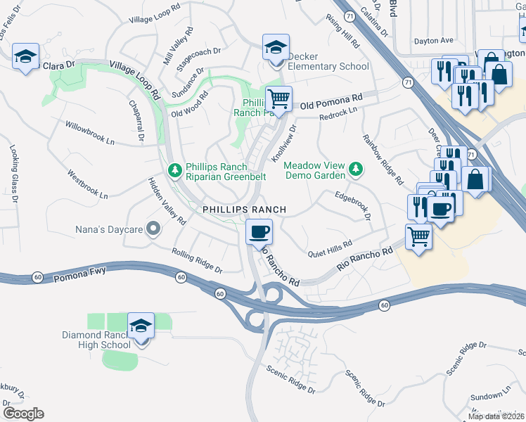 map of restaurants, bars, coffee shops, grocery stores, and more near 21 Comanche Circle in Pomona