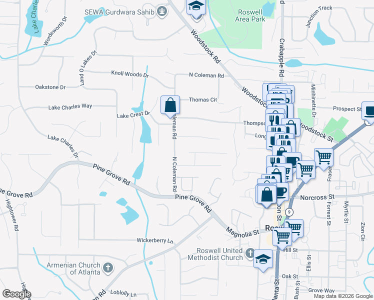 map of restaurants, bars, coffee shops, grocery stores, and more near 250 Moonshadow Court in Roswell