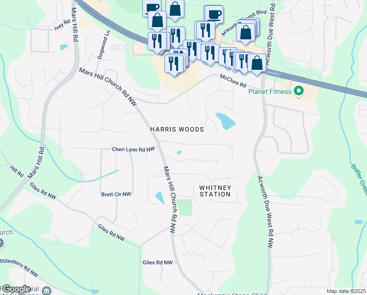 map of restaurants, bars, coffee shops, grocery stores, and more near 4620 Stewart Reilly Drive in Acworth