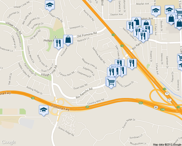 map of restaurants, bars, coffee shops, grocery stores, and more near 15 Edgebrook Drive in Pomona