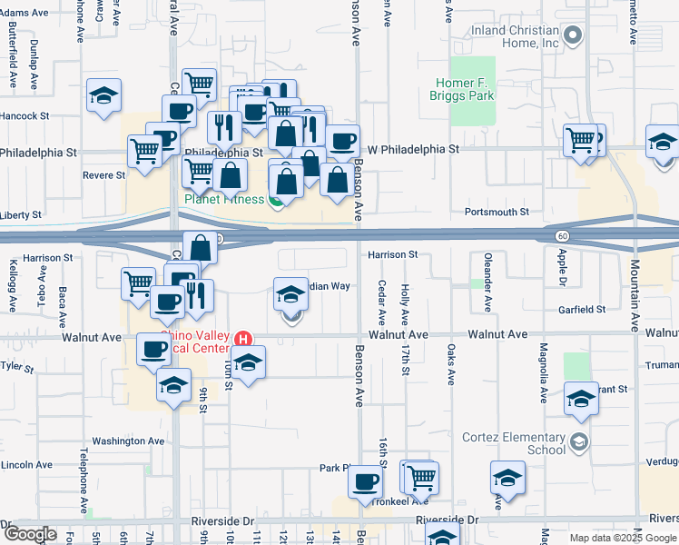 map of restaurants, bars, coffee shops, grocery stores, and more near 5657 Buckthorn Court in Chino