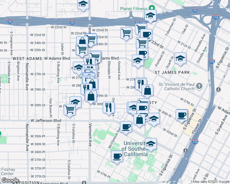 map of restaurants, bars, coffee shops, grocery stores, and more near 2814 Ellendale Place in Los Angeles