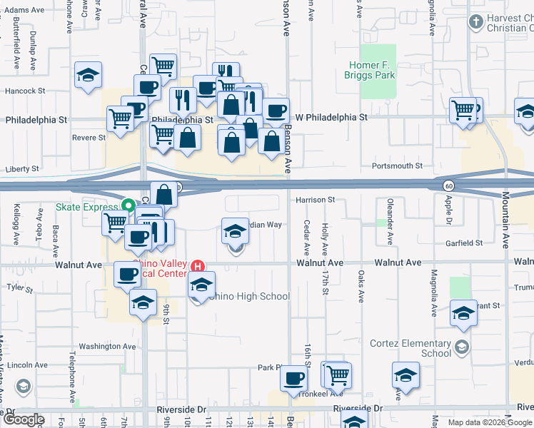 map of restaurants, bars, coffee shops, grocery stores, and more near 5641 Buckthorn Court in Chino