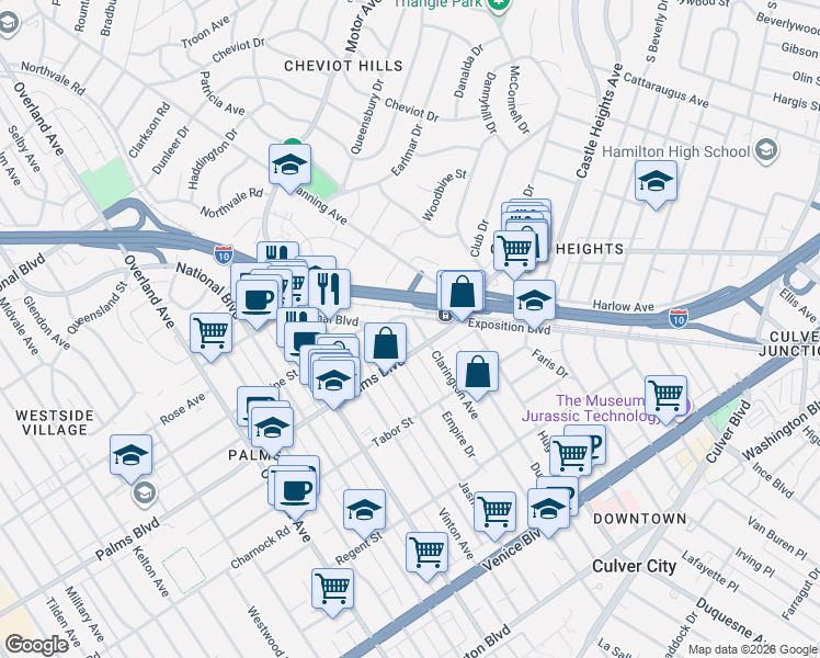 map of restaurants, bars, coffee shops, grocery stores, and more near 10100 National Boulevard in Los Angeles