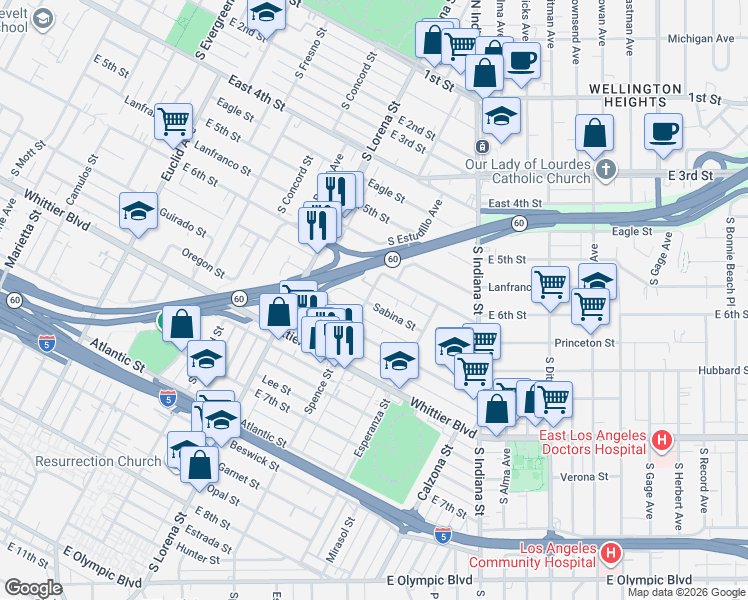 map of restaurants, bars, coffee shops, grocery stores, and more near 3507 Sabina Street in Los Angeles