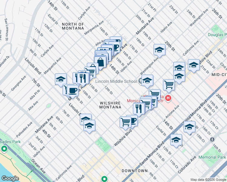map of restaurants, bars, coffee shops, grocery stores, and more near 937 12th Street in Santa Monica