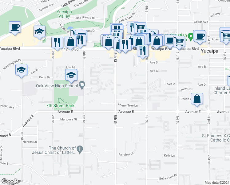 map of restaurants, bars, coffee shops, grocery stores, and more near 12362 5th Street in Yucaipa