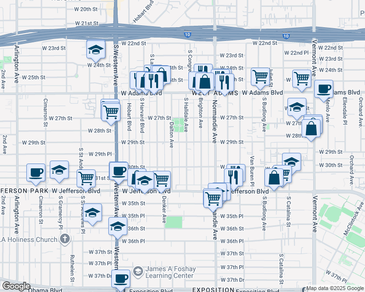 map of restaurants, bars, coffee shops, grocery stores, and more near 2907 South Halldale Avenue in Los Angeles