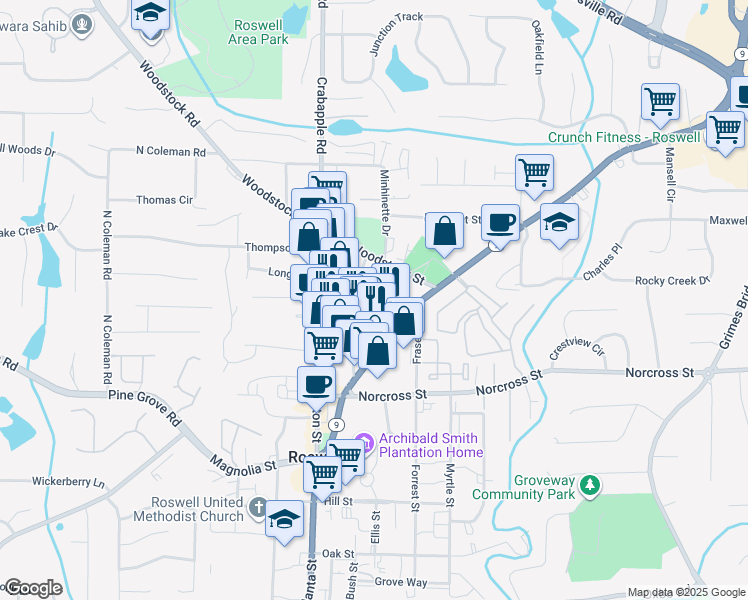 map of restaurants, bars, coffee shops, grocery stores, and more near 1109 Green Street in Roswell