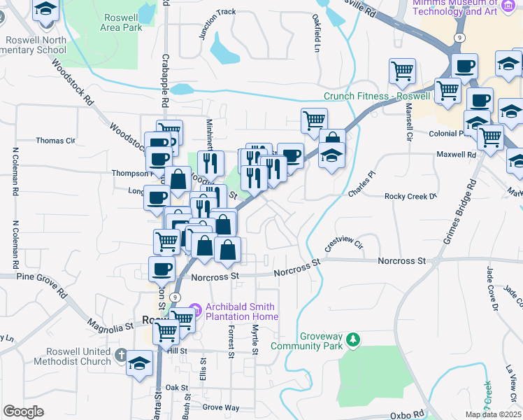 map of restaurants, bars, coffee shops, grocery stores, and more near 110 Independence Way in Roswell