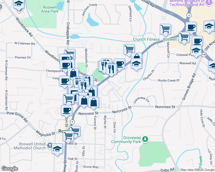 map of restaurants, bars, coffee shops, grocery stores, and more near 110 Independence Way in Roswell