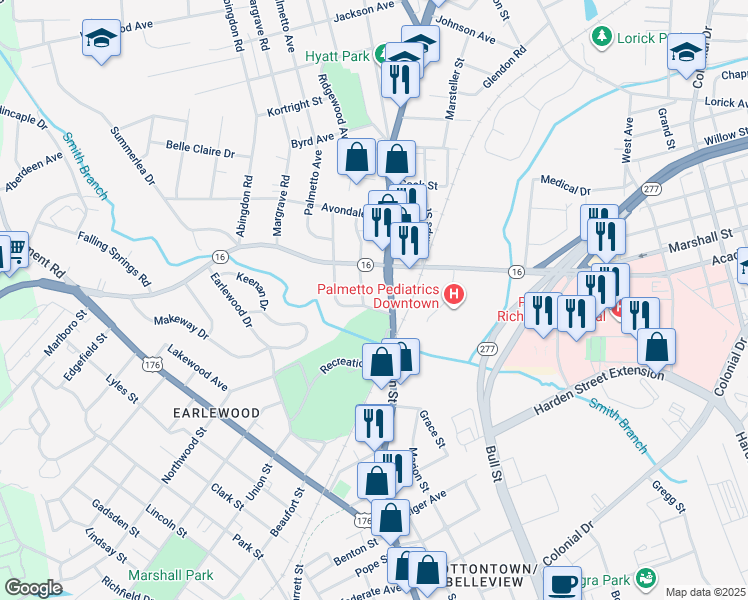 map of restaurants, bars, coffee shops, grocery stores, and more near 1103 Parkside Drive in Columbia