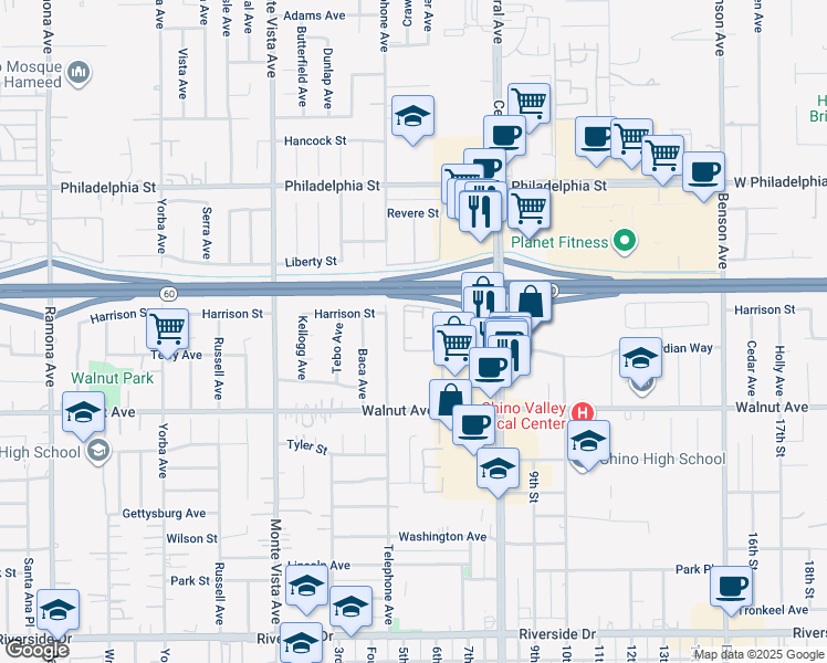 map of restaurants, bars, coffee shops, grocery stores, and more near 12350 Marshall Avenue in Chino