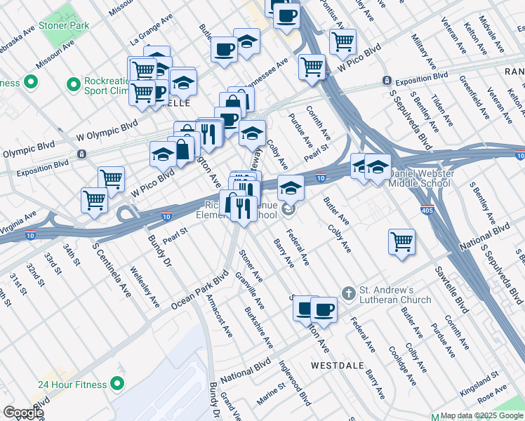 map of restaurants, bars, coffee shops, grocery stores, and more near 2533 Federal Avenue in Los Angeles
