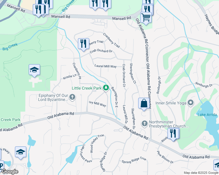 map of restaurants, bars, coffee shops, grocery stores, and more near 270 Barrington Drive West in Roswell
