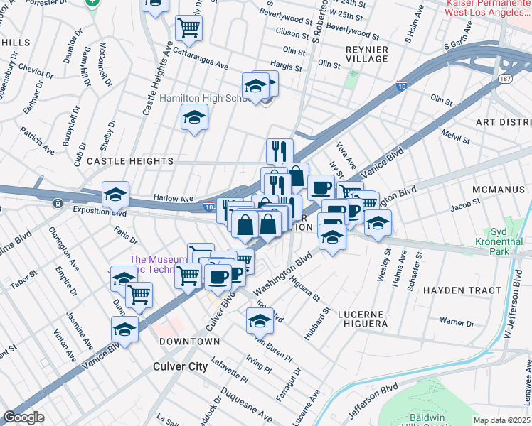 map of restaurants, bars, coffee shops, grocery stores, and more near 3383 Robertson Place in Los Angeles
