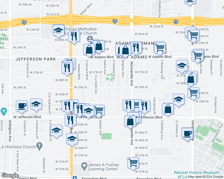 map of restaurants, bars, coffee shops, grocery stores, and more near 2907 South Halldale Avenue in Los Angeles