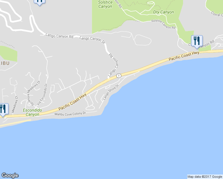 map of restaurants, bars, coffee shops, grocery stores, and more near Latigo Shore Drive in Malibu