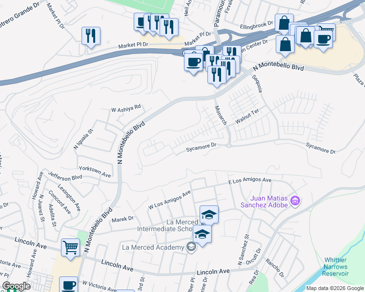map of restaurants, bars, coffee shops, grocery stores, and more near 1165 Poppy Court in Montebello