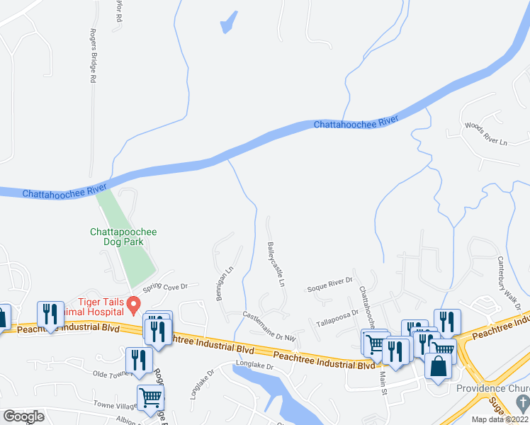 map of restaurants, bars, coffee shops, grocery stores, and more near 4080 Balleycastle Lane in Duluth