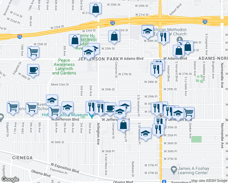 map of restaurants, bars, coffee shops, grocery stores, and more near 2222 West 29th Street in Los Angeles