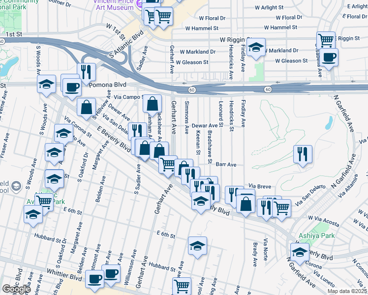 map of restaurants, bars, coffee shops, grocery stores, and more near 333 Simmons Avenue in Montebello