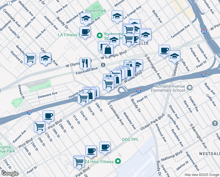 map of restaurants, bars, coffee shops, grocery stores, and more near 12223 West Pico Boulevard in Los Angeles