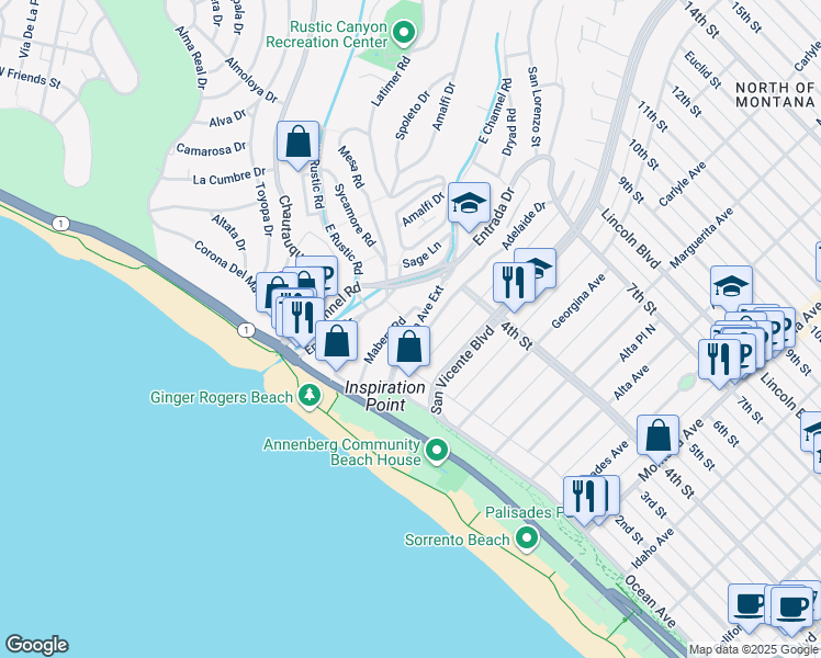 map of restaurants, bars, coffee shops, grocery stores, and more near 2 Ocean Avenue Extension in Santa Monica