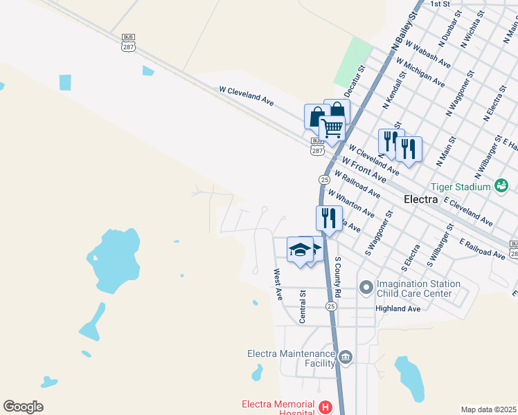 map of restaurants, bars, coffee shops, grocery stores, and more near 109 North Crescent Drive in Electra