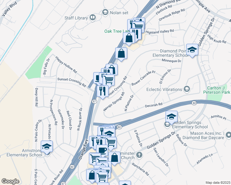map of restaurants, bars, coffee shops, grocery stores, and more near 23430 Sunset Crossing Road in Diamond Bar
