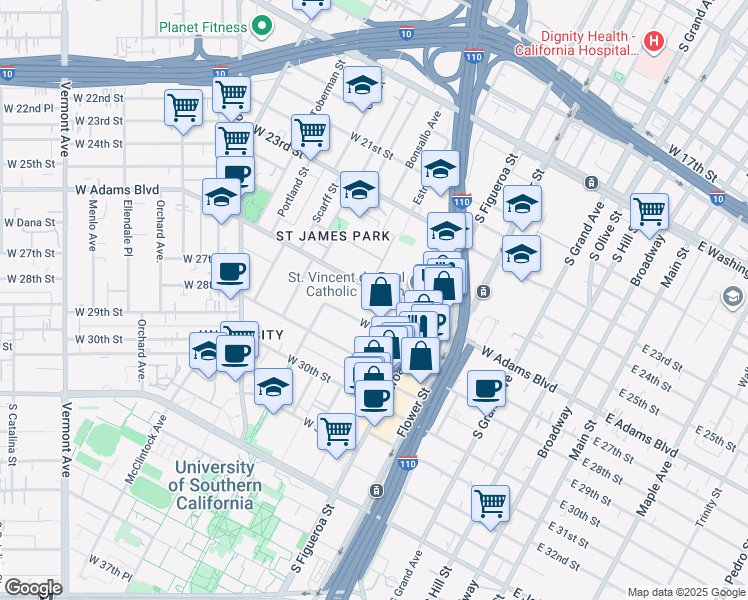map of restaurants, bars, coffee shops, grocery stores, and more near 650 West Adams Boulevard in Los Angeles