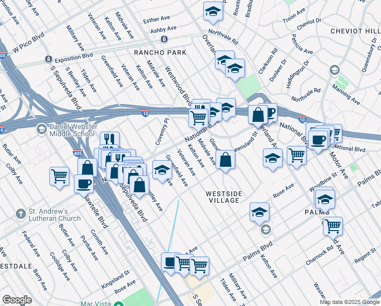 map of restaurants, bars, coffee shops, grocery stores, and more near 3031 Kelton Avenue in Los Angeles