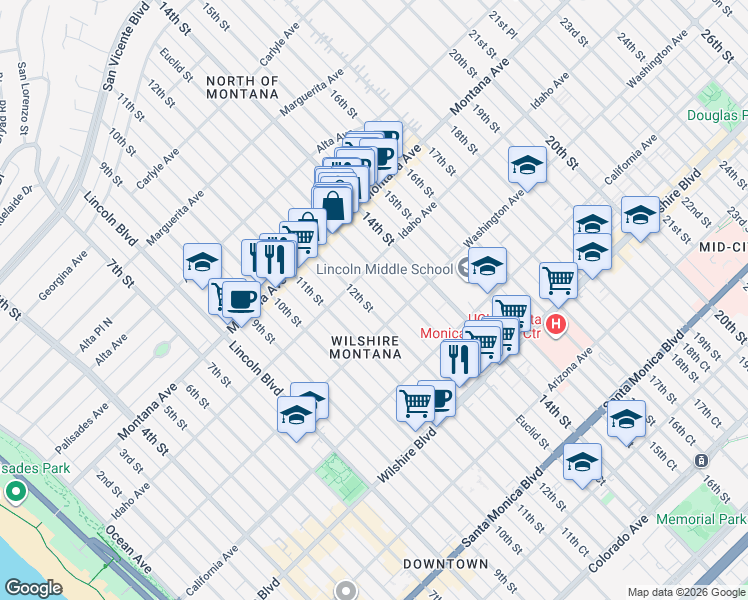 map of restaurants, bars, coffee shops, grocery stores, and more near 937 12th Street in Santa Monica