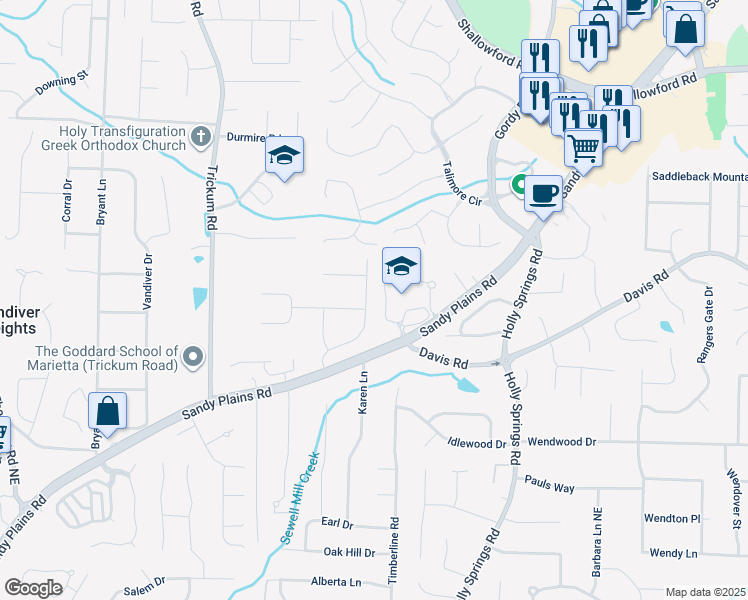 map of restaurants, bars, coffee shops, grocery stores, and more near 3240 Plains Way in Marietta